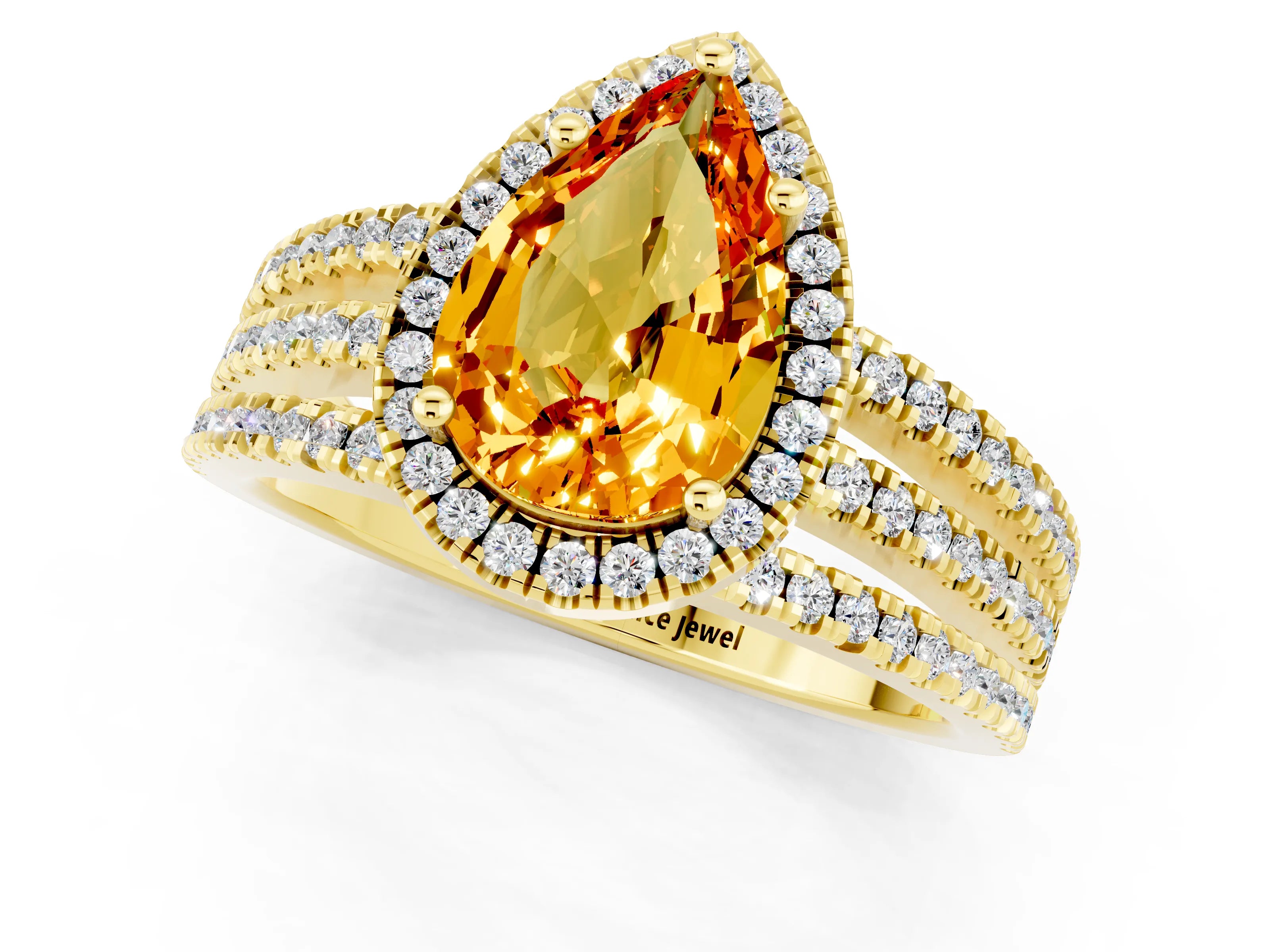 Yellow gold {shape_name} Citrine Halo Engagement Ring with Split Shank and Four-Prong Setting_1