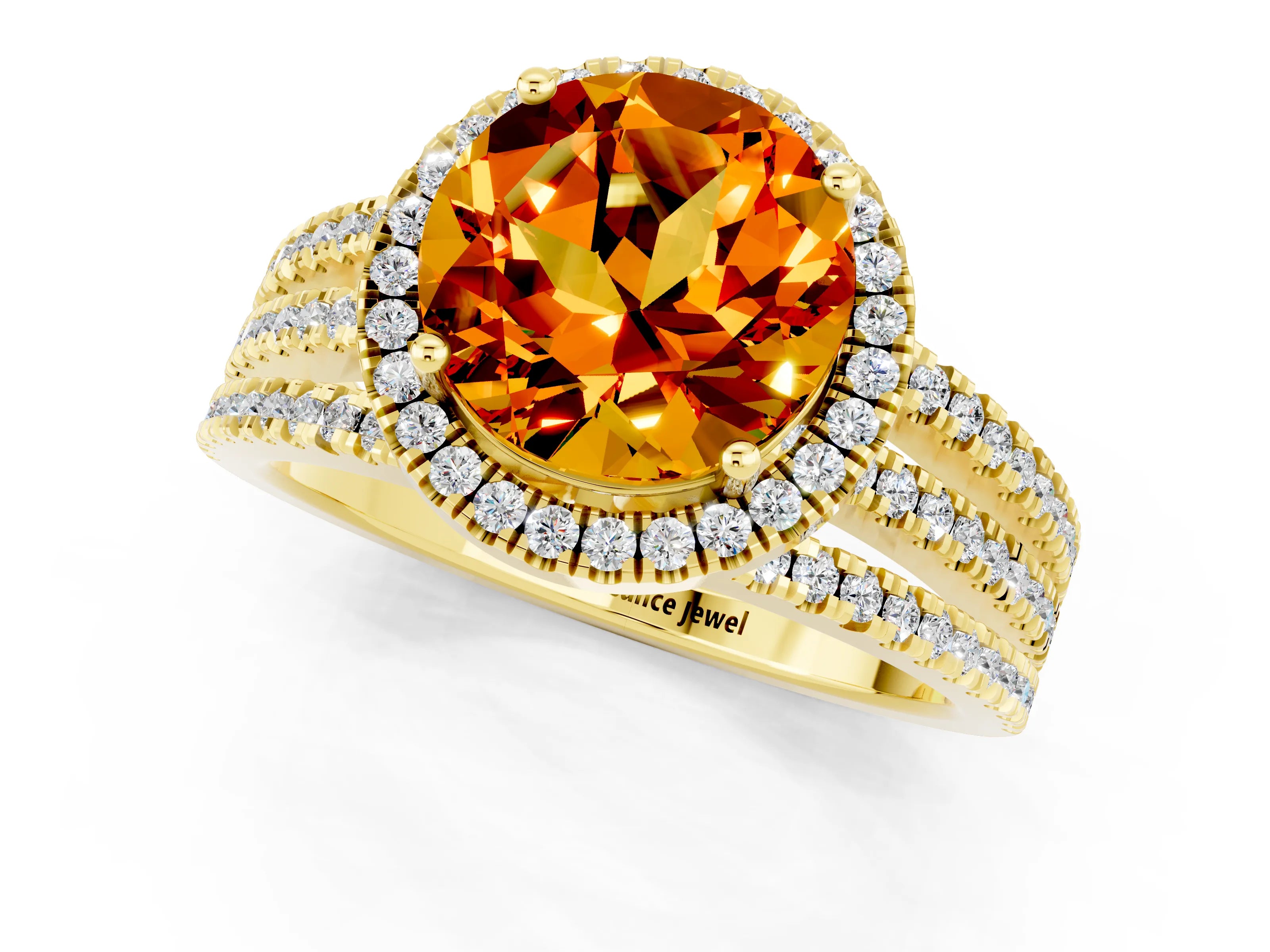 Yellow gold {shape_name} Citrine Halo Engagement Ring with Split Shank and Four-Prong Setting_1