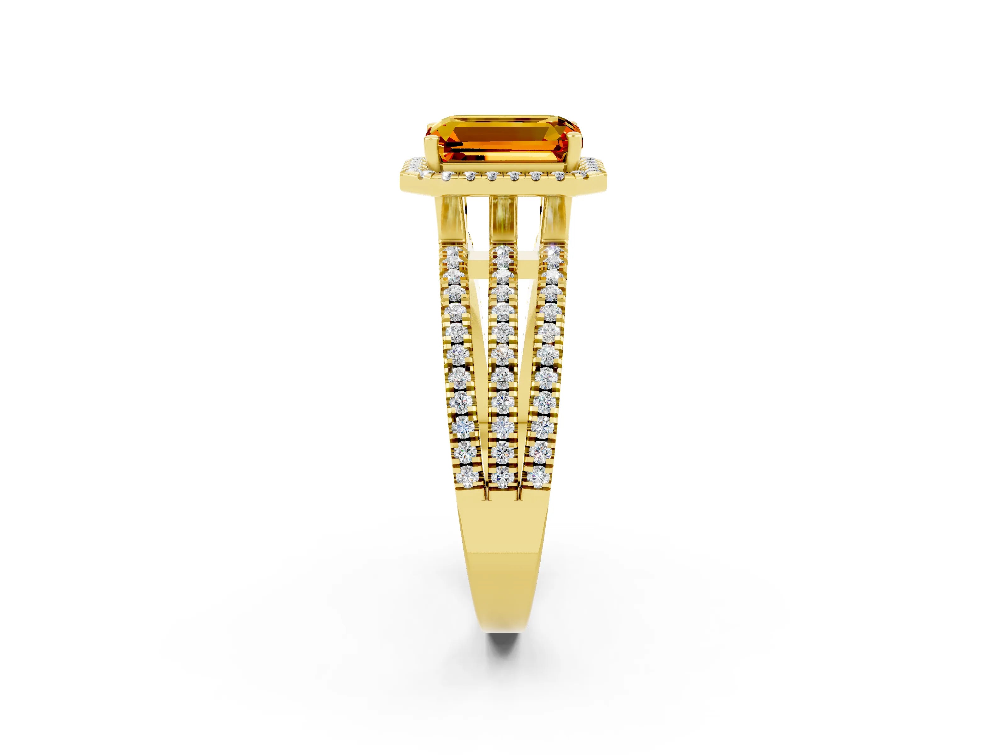 Yellow gold {shape_name} Citrine Halo Engagement Ring with Split Shank and Four-Prong Setting_2