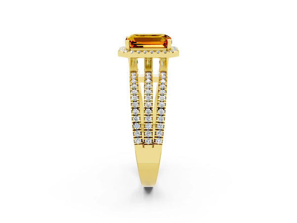 Yellow gold Emerald Cut Citrine Halo Engagement Ring with Split Shank and Four-Prong Setting