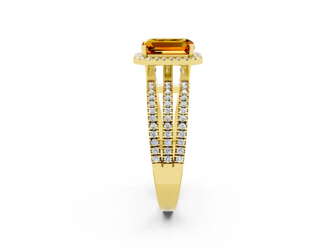 Yellow gold {shape_name} Citrine Halo Engagement Ring with Split Shank and Four-Prong Setting_2