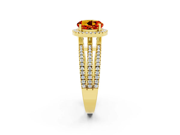 Yellow gold Round Cut Citrine Halo Engagement Ring with Split Shank and Four-Prong Setting