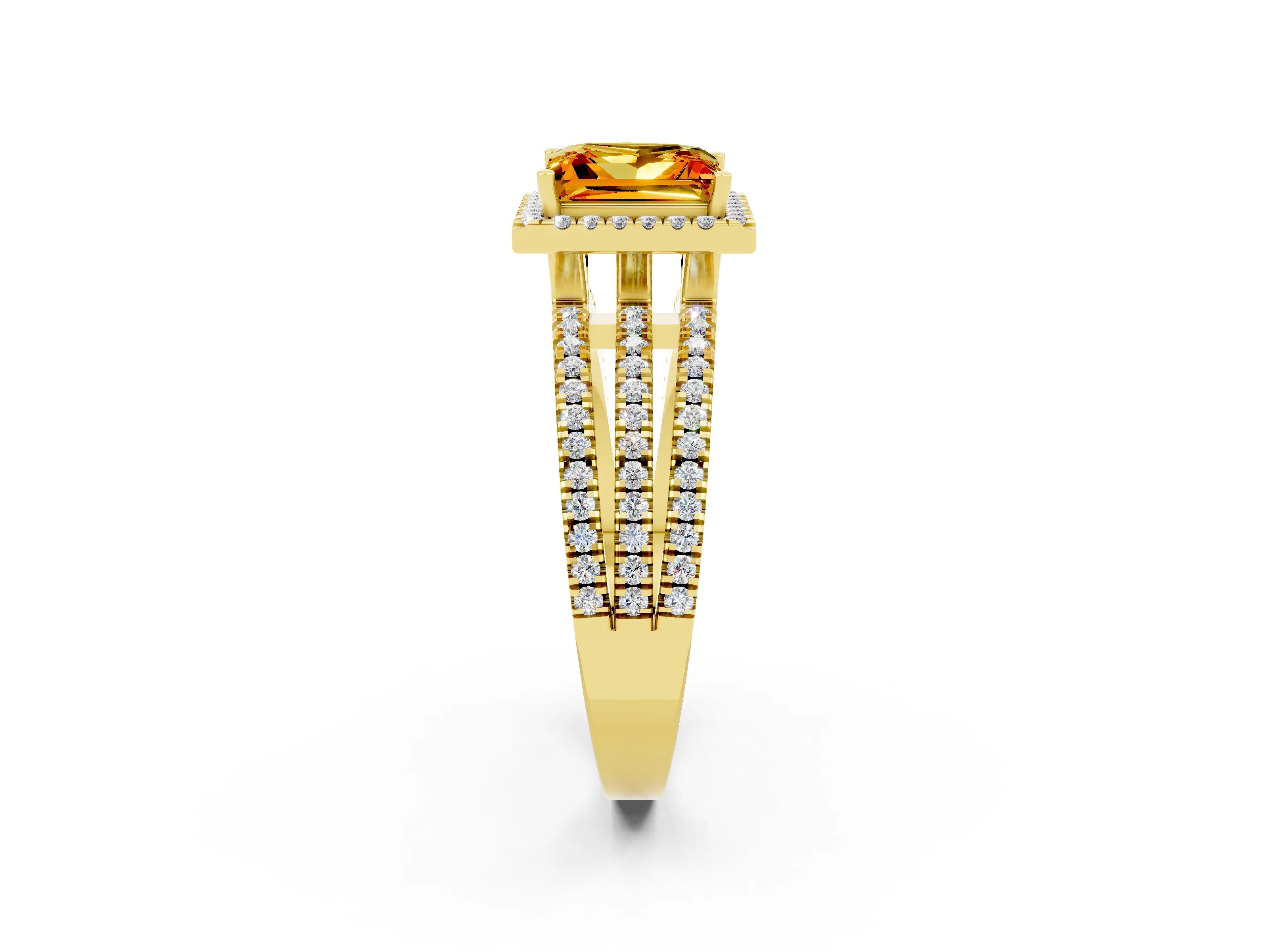 Yellow gold {shape_name} Citrine Halo Engagement Ring with Split Shank and Four-Prong Setting_2