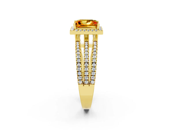 Yellow gold Princess Cut Citrine Halo Engagement Ring with Split Shank and Four-Prong Setting