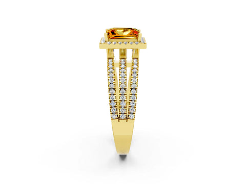 Yellow gold {shape_name} Citrine Halo Engagement Ring with Split Shank and Four-Prong Setting_2