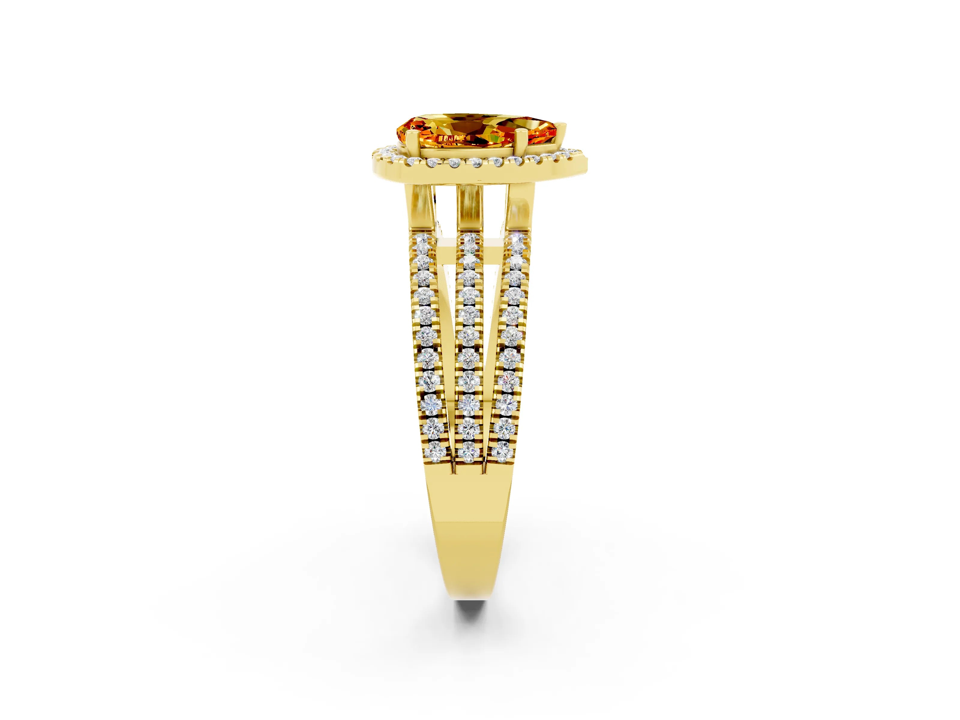 Yellow gold {shape_name} Citrine Halo Engagement Ring with Split Shank and Four-Prong Setting_2