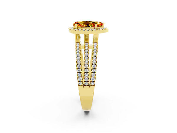 Yellow gold Pear Cut Citrine Halo Engagement Ring with Split Shank and Four-Prong Setting