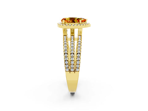 Yellow gold {shape_name} Citrine Halo Engagement Ring with Split Shank and Four-Prong Setting_2