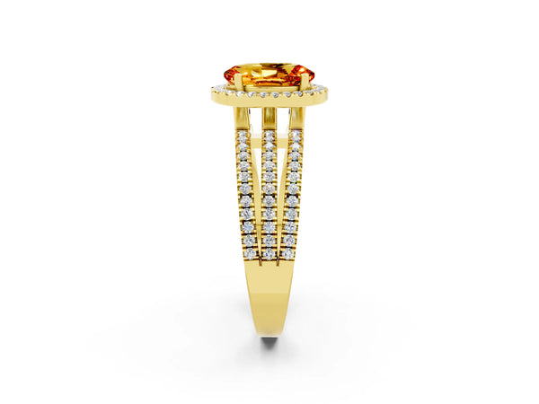 Yellow gold Oval Cut Citrine Halo Engagement Ring with Split Shank and Four-Prong Setting