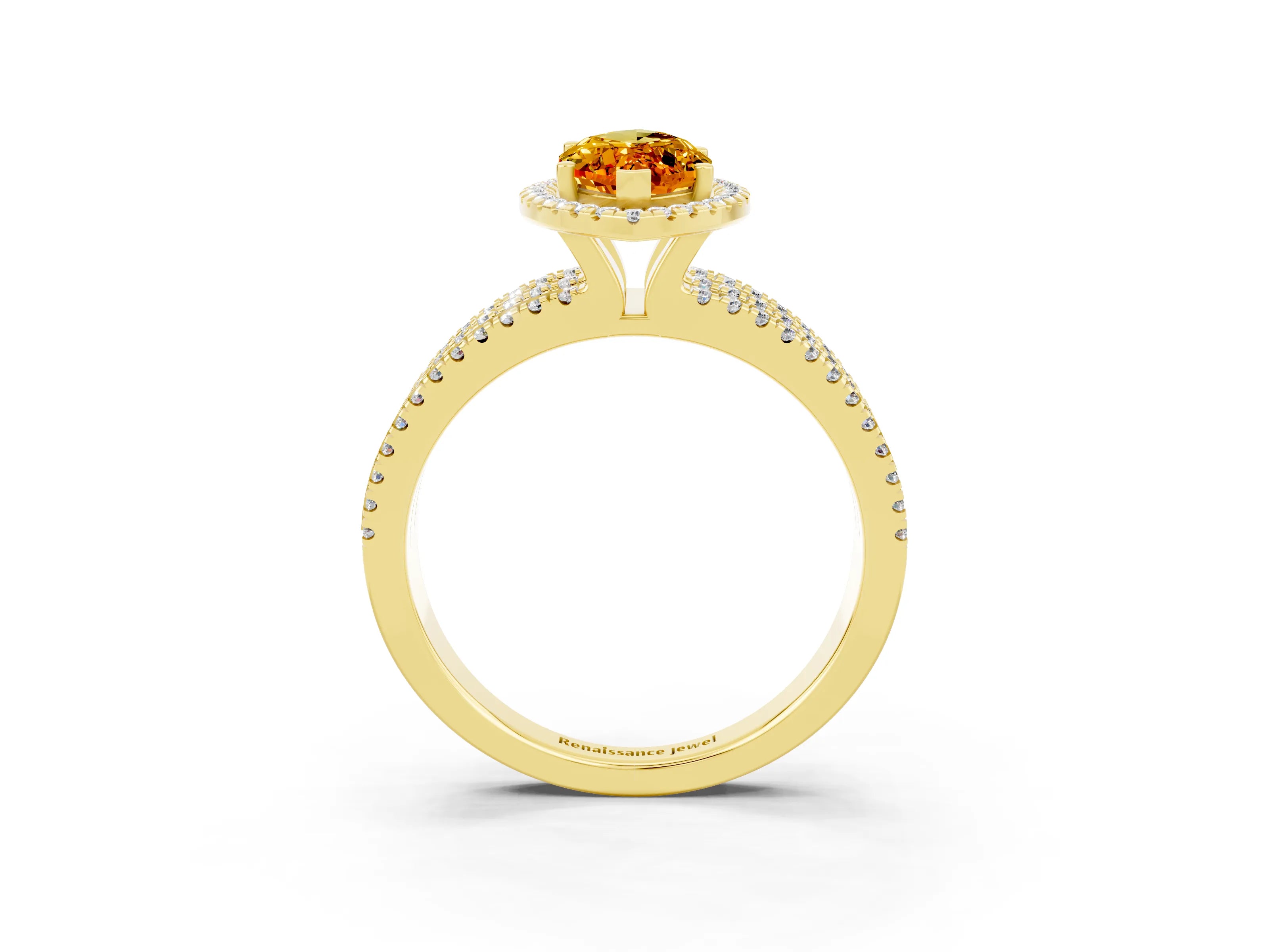 Yellow gold {shape_name} Citrine Halo Engagement Ring with Split Shank and Four-Prong Setting_3