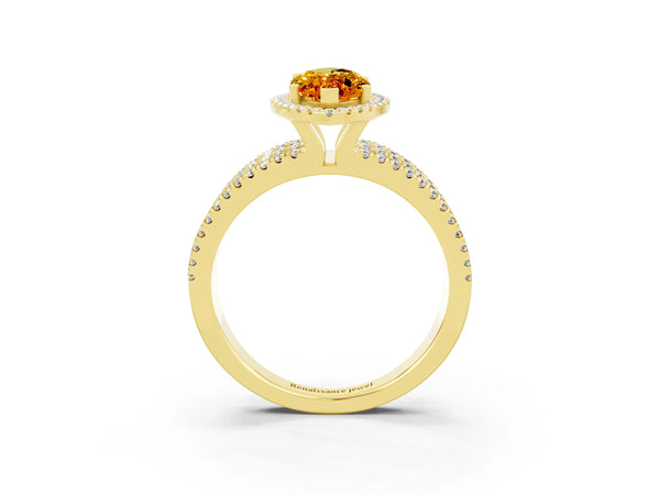 Yellow gold Marquise Cut Citrine Halo Engagement Ring with Split Shank and Four-Prong Setting