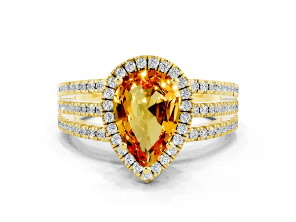 Yellow gold Pear Cut Citrine Halo Engagement Ring with Split Shank and Four-Prong Setting