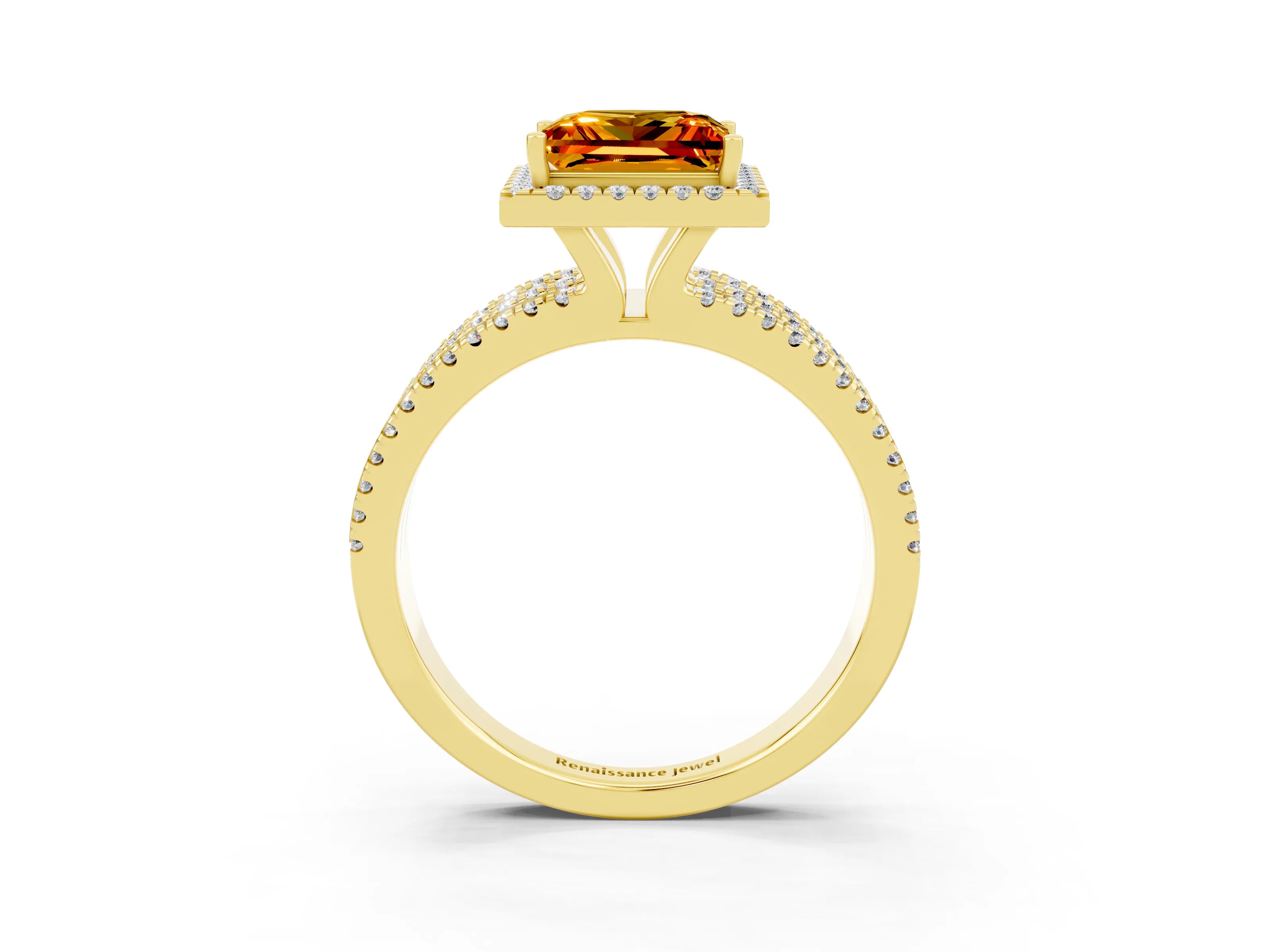 Yellow gold {shape_name} Citrine Halo Engagement Ring with Split Shank and Four-Prong Setting_3