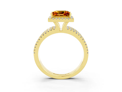 Yellow gold {shape_name} Citrine Halo Engagement Ring with Split Shank and Four-Prong Setting_3