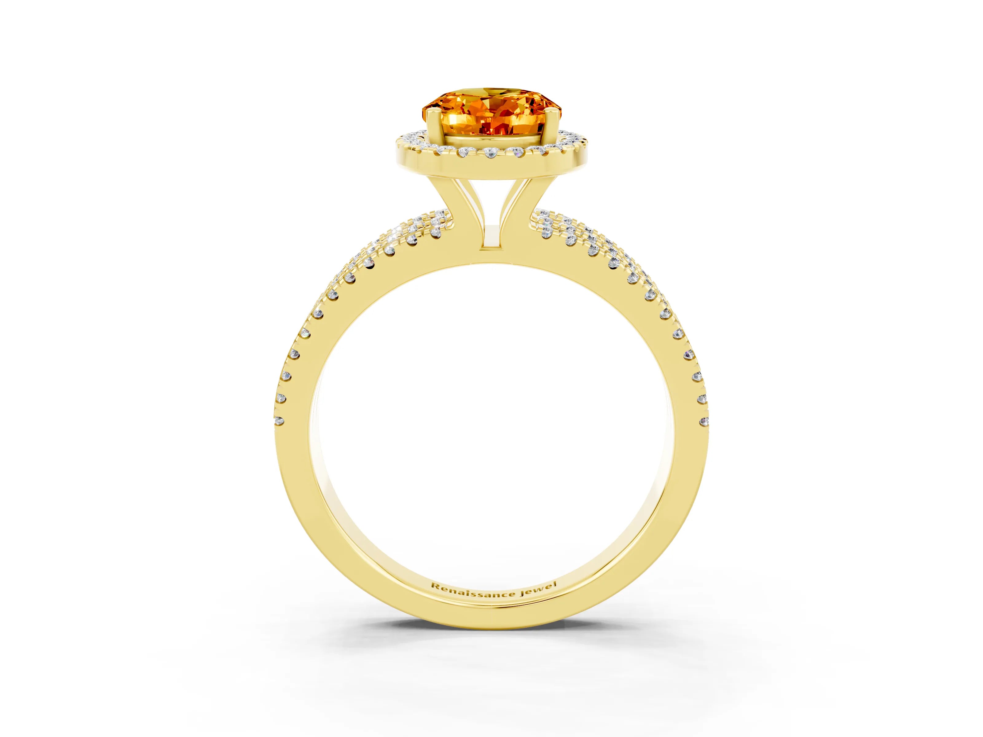 Yellow gold {shape_name} Citrine Halo Engagement Ring with Split Shank and Four-Prong Setting_3
