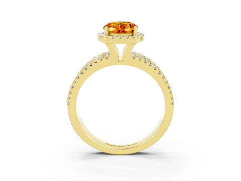 Yellow gold {shape_name} Citrine Halo Engagement Ring with Split Shank and Four-Prong Setting_3