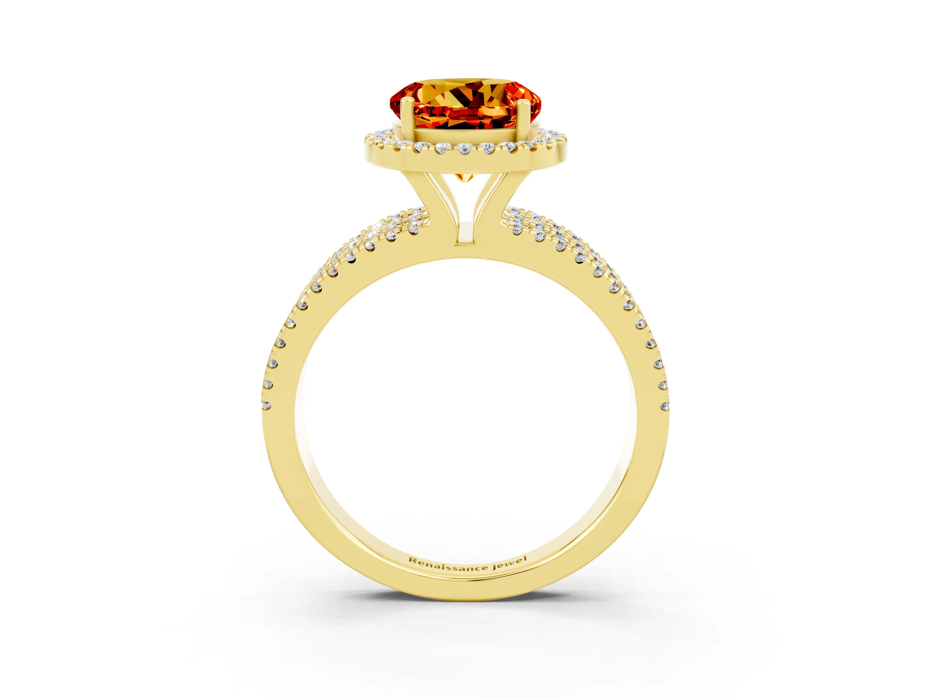 Yellow gold {shape_name} Citrine Halo Engagement Ring with Split Shank and Four-Prong Setting_3