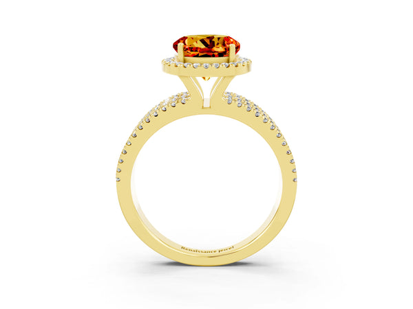 Yellow gold Round Cut Citrine Halo Engagement Ring with Split Shank and Four-Prong Setting