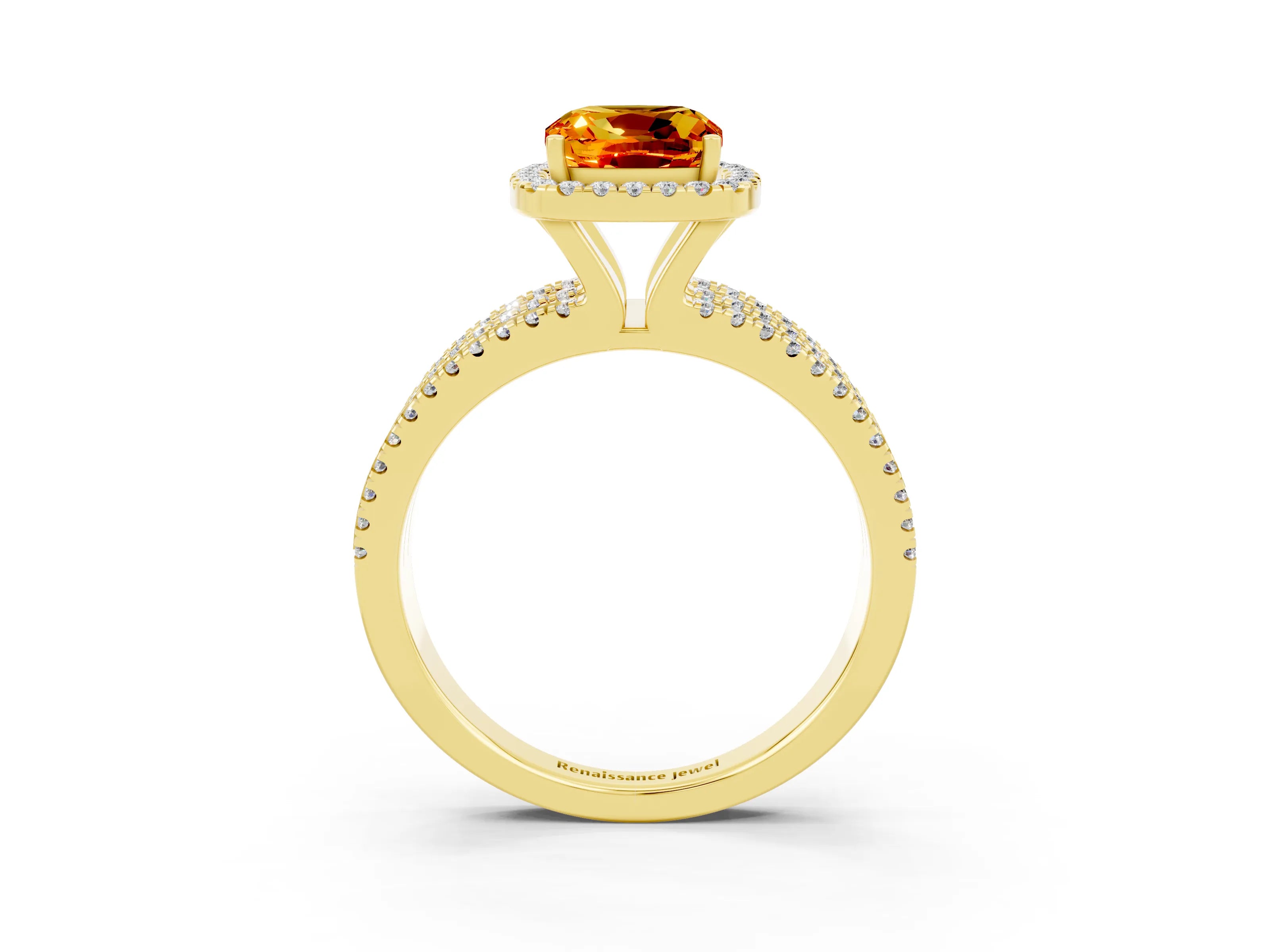 Yellow gold {shape_name} Citrine Halo Engagement Ring with Split Shank and Four-Prong Setting_3