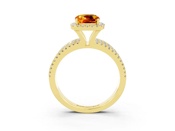 Yellow gold Cushion Cut Citrine Halo Engagement Ring with Split Shank and Four-Prong Setting