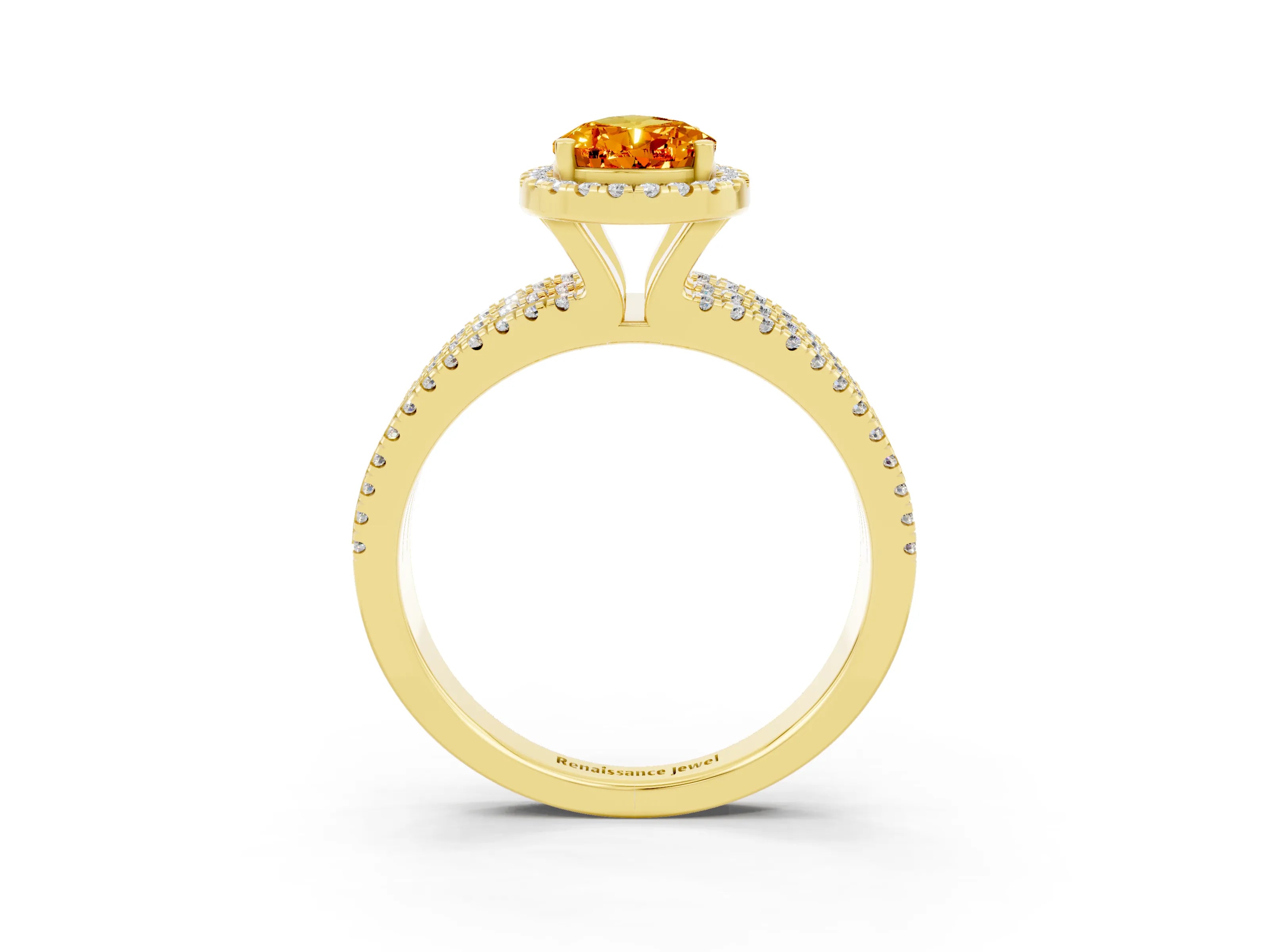 Yellow gold {shape_name} Citrine Halo Engagement Ring with Split Shank and Four-Prong Setting_3
