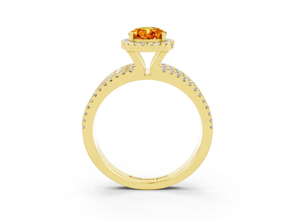 Yellow gold Pear Cut Citrine Halo Engagement Ring with Split Shank and Four-Prong Setting