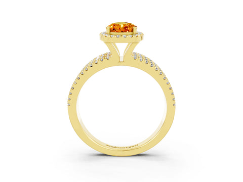 Yellow gold {shape_name} Citrine Halo Engagement Ring with Split Shank and Four-Prong Setting_3