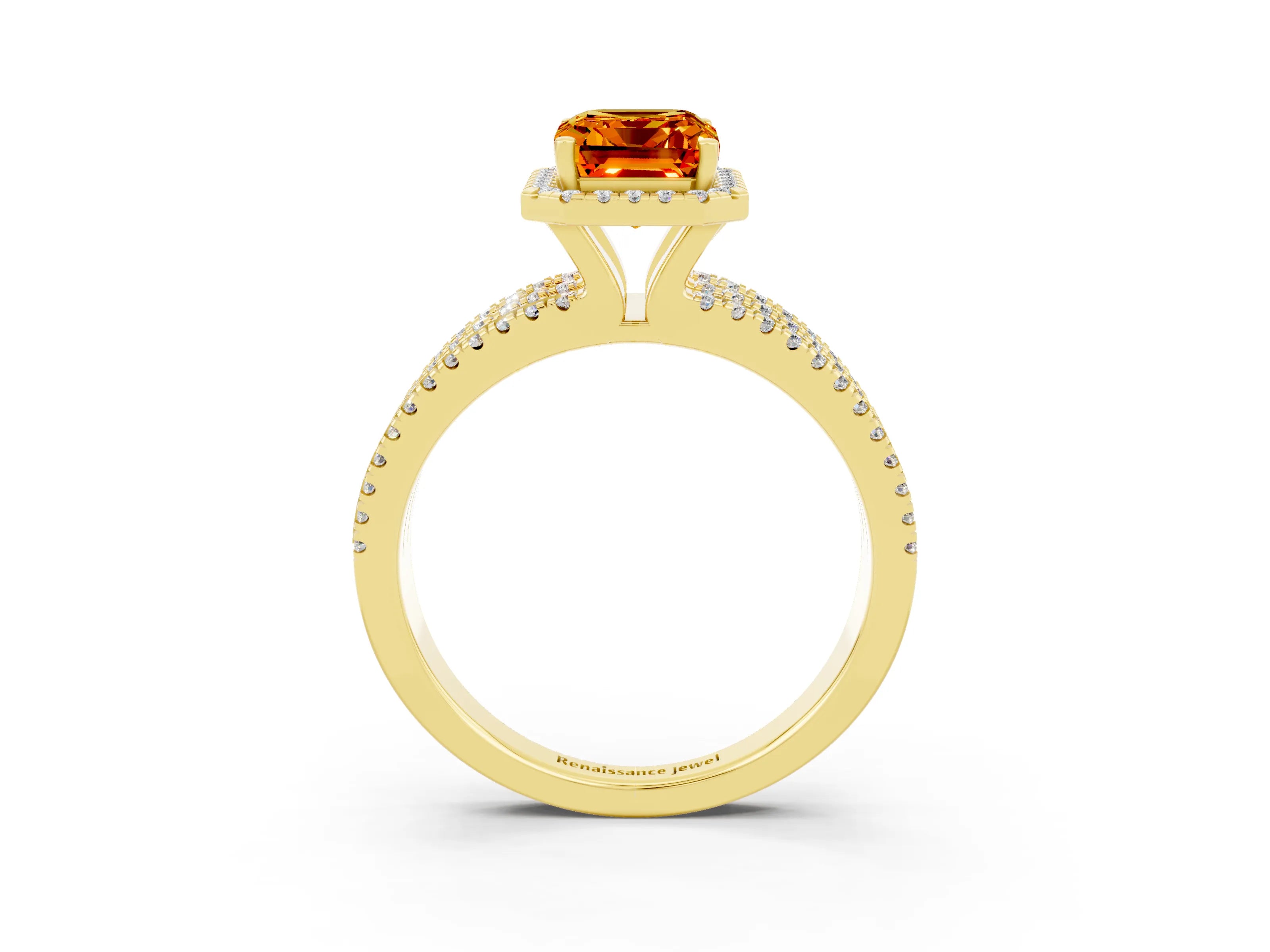 Yellow gold {shape_name} Citrine Halo Engagement Ring with Split Shank and Four-Prong Setting_3