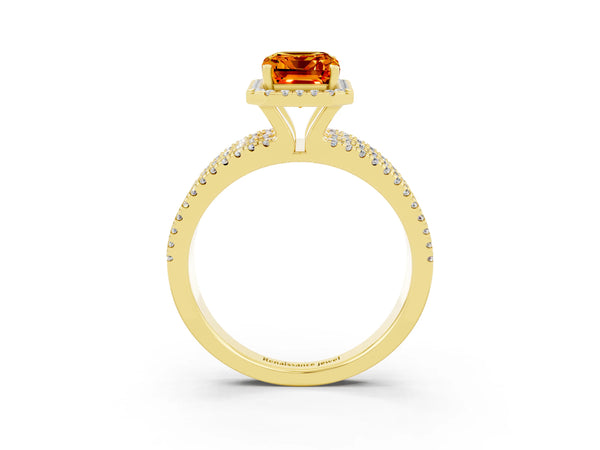 Yellow gold Emerald Cut Citrine Halo Engagement Ring with Split Shank and Four-Prong Setting