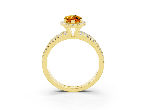 Yellow gold {shape_name} Citrine Halo Engagement Ring with Split Shank and Four-Prong Setting_3