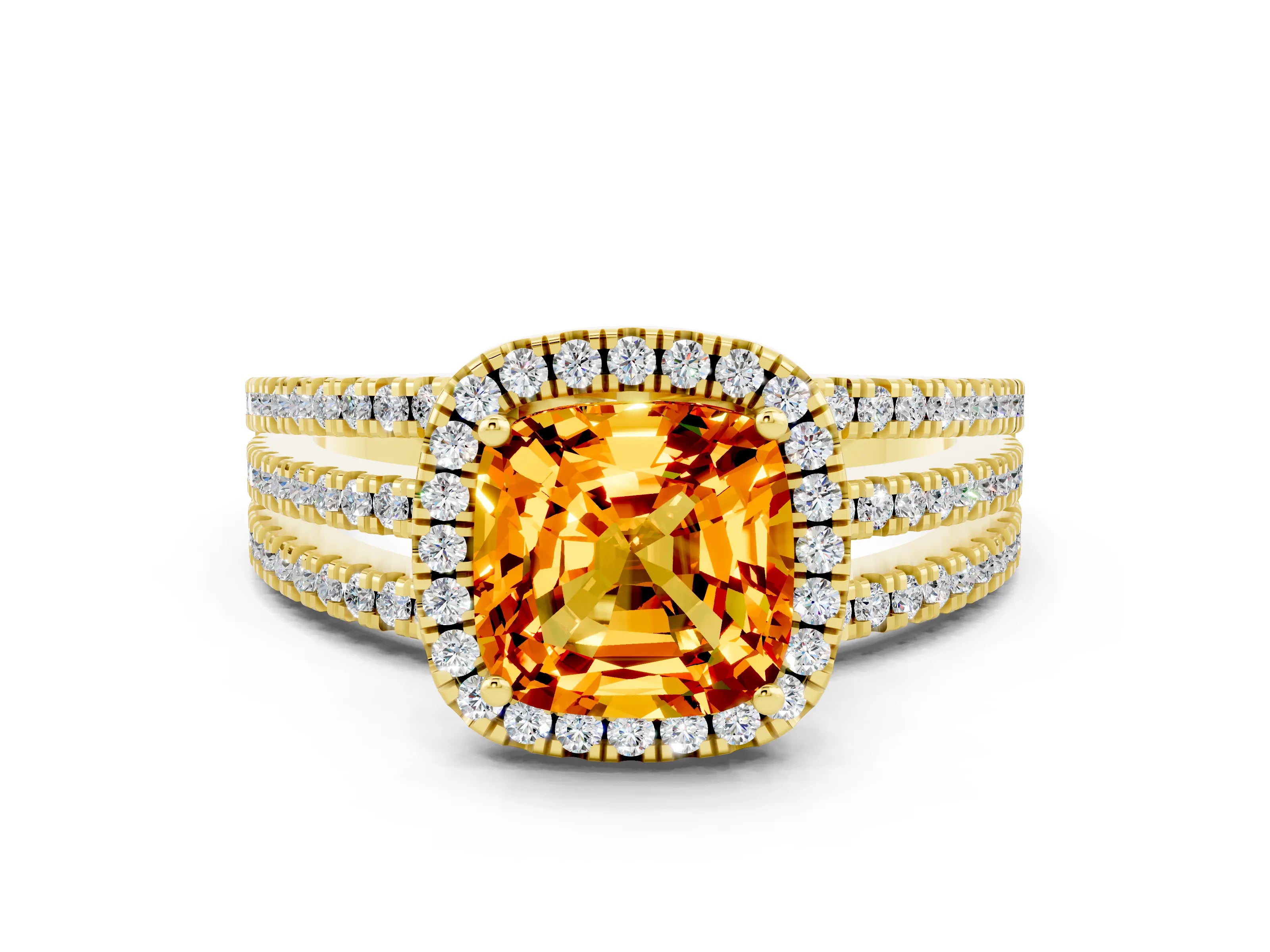 Yellow gold {shape_name} Citrine Halo Engagement Ring with Split Shank and Four-Prong Setting