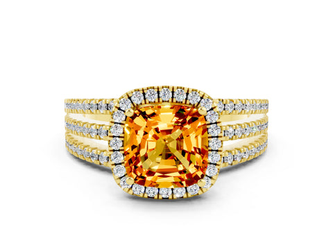 Yellow gold {shape_name} Citrine Halo Engagement Ring with Split Shank and Four-Prong Setting