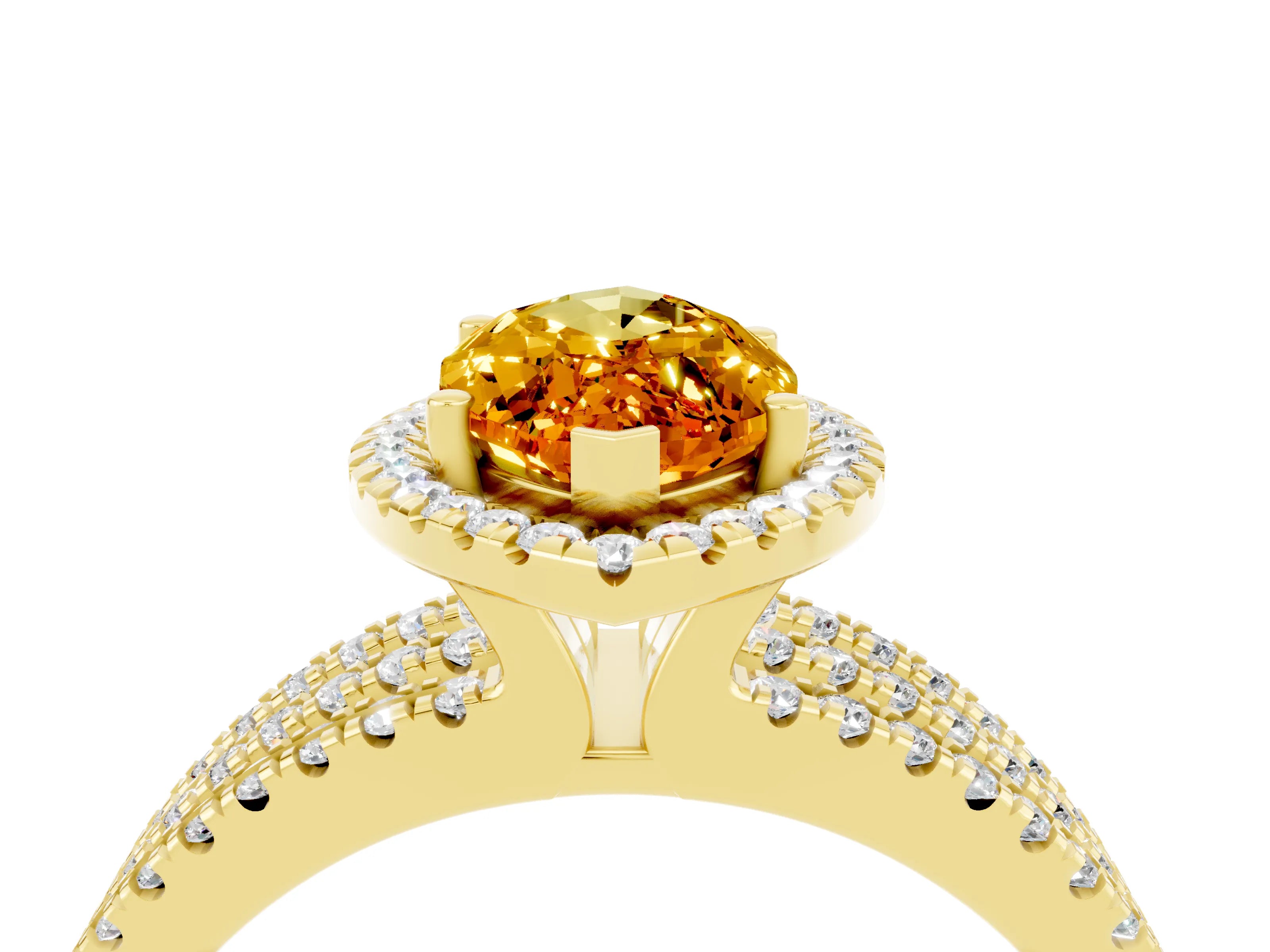 Yellow gold {shape_name} Citrine Halo Engagement Ring with Split Shank and Four-Prong Setting_4