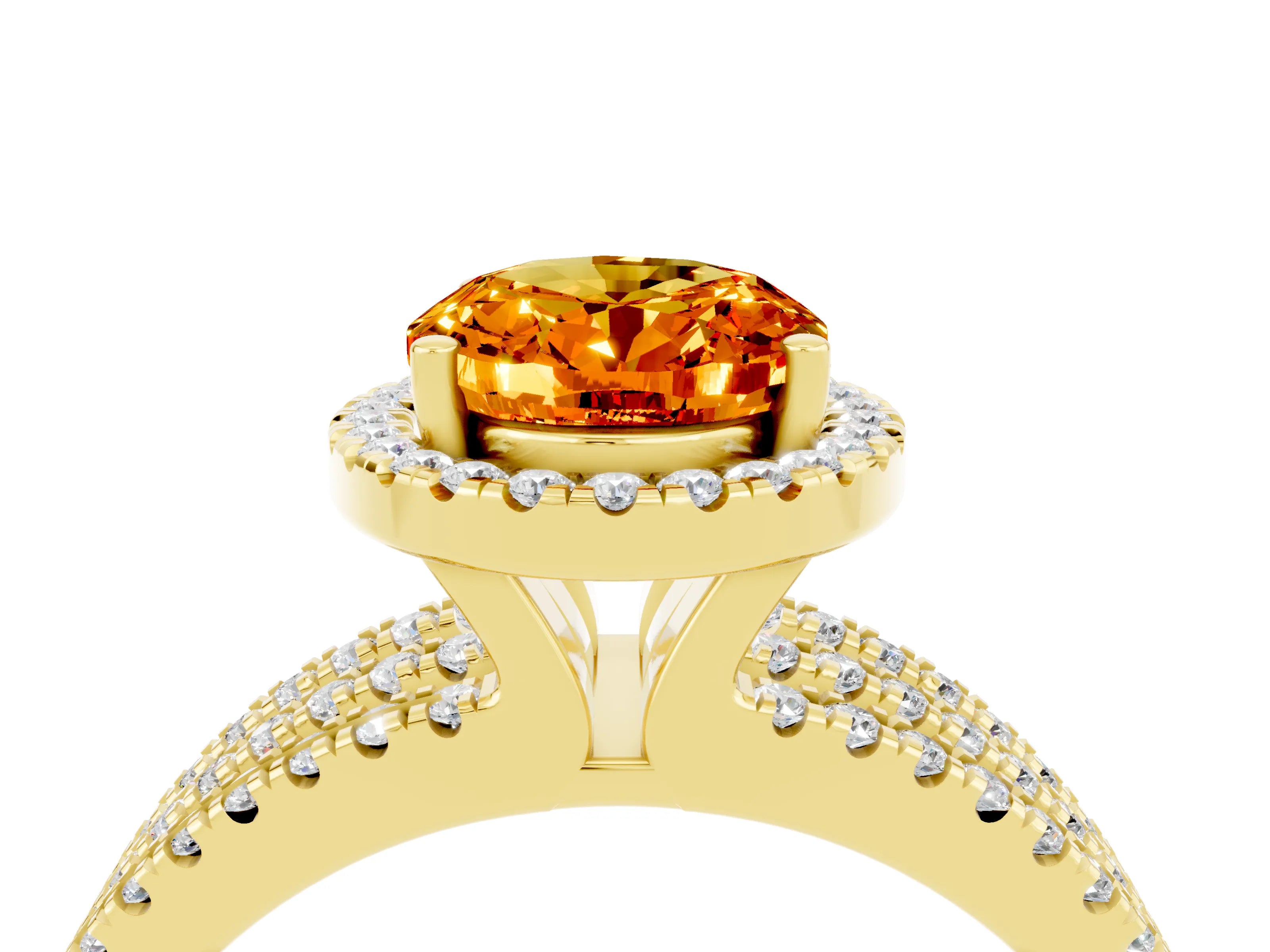 Yellow gold {shape_name} Citrine Halo Engagement Ring with Split Shank and Four-Prong Setting_4