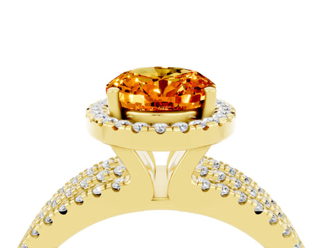 Yellow gold {shape_name} Citrine Halo Engagement Ring with Split Shank and Four-Prong Setting_4