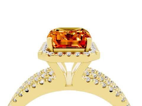 Yellow gold {shape_name} Citrine Halo Engagement Ring with Split Shank and Four-Prong Setting_4