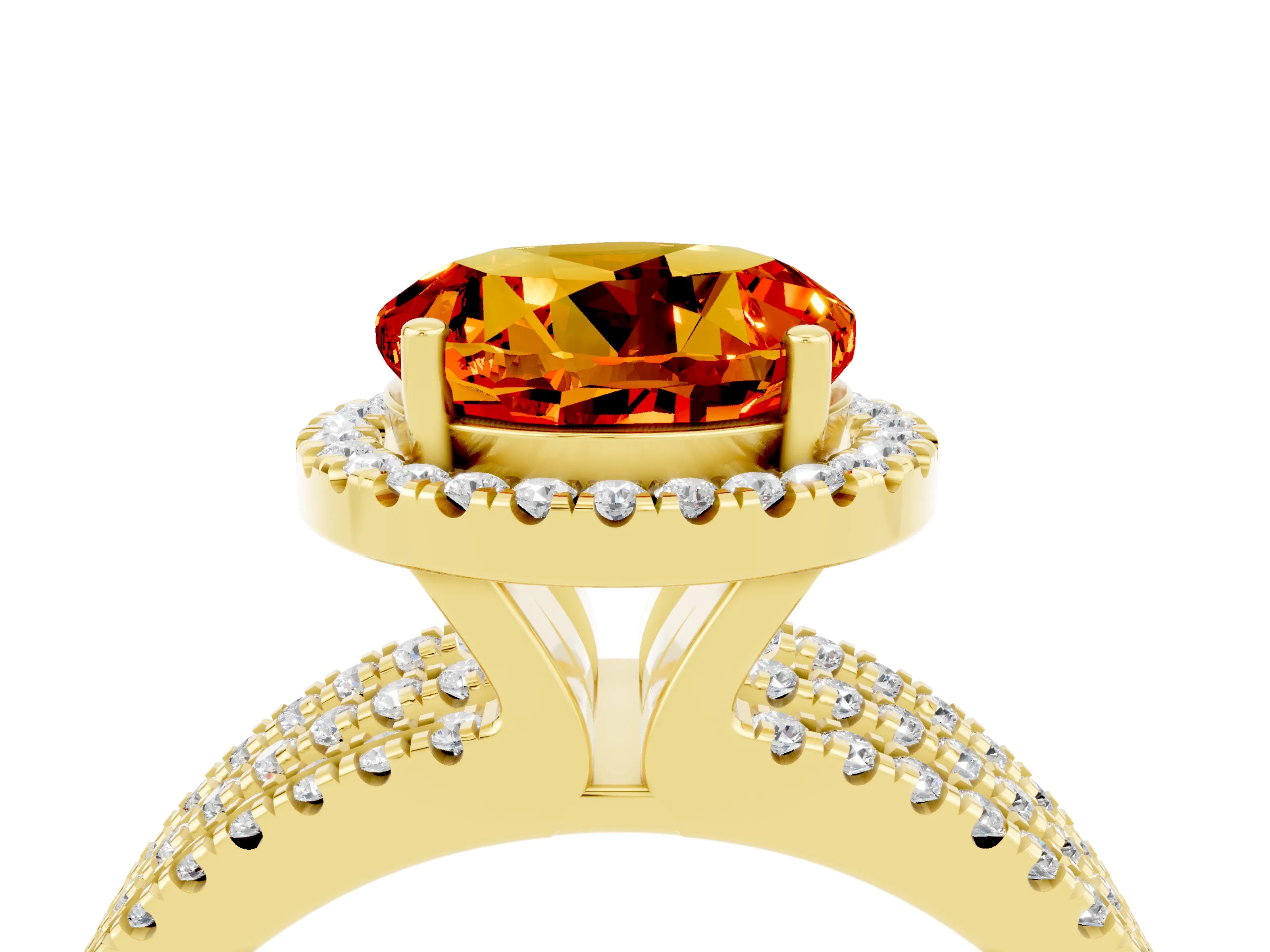 Yellow gold {shape_name} Citrine Halo Engagement Ring with Split Shank and Four-Prong Setting_4