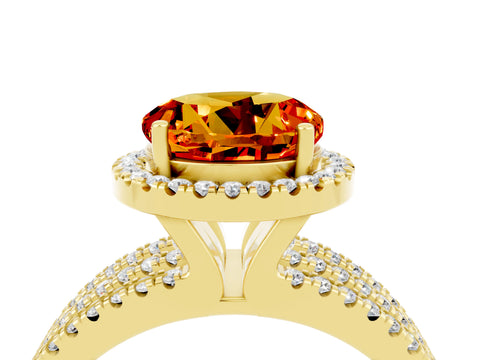 Yellow gold {shape_name} Citrine Halo Engagement Ring with Split Shank and Four-Prong Setting_4