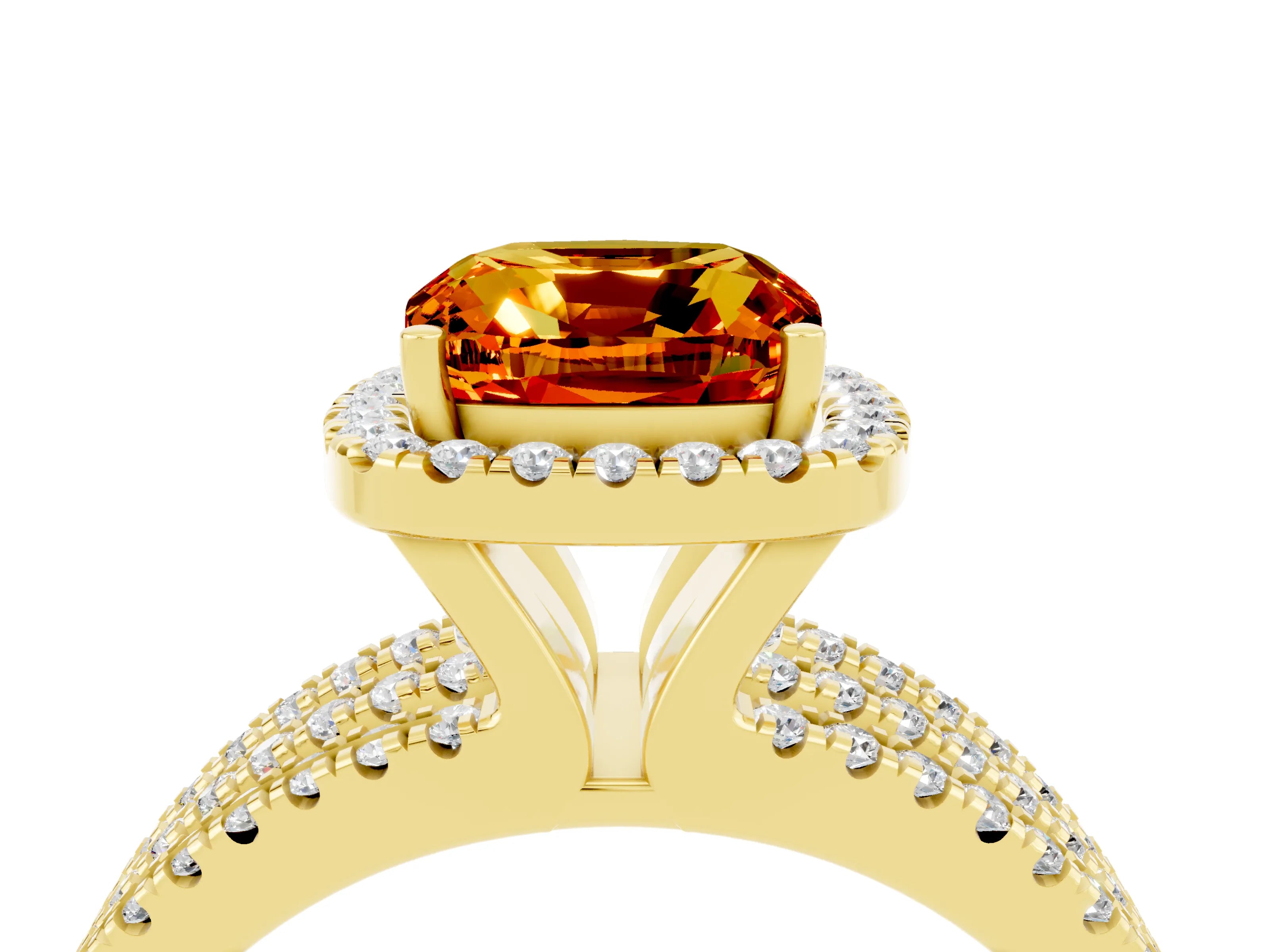 Yellow gold {shape_name} Citrine Halo Engagement Ring with Split Shank and Four-Prong Setting_4