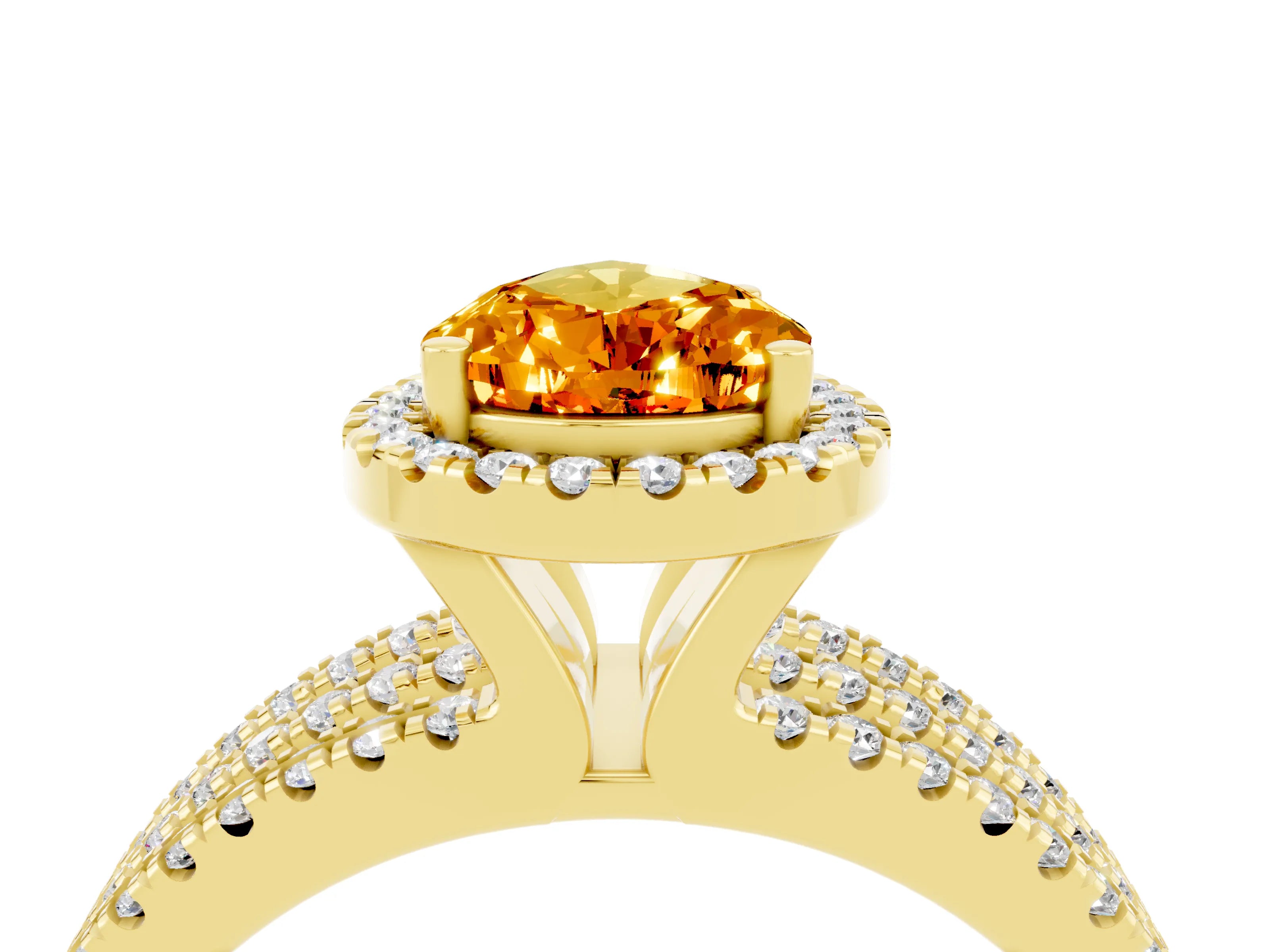 Yellow gold {shape_name} Citrine Halo Engagement Ring with Split Shank and Four-Prong Setting_4