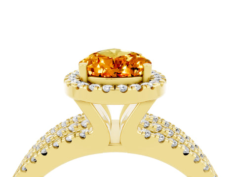 Yellow gold {shape_name} Citrine Halo Engagement Ring with Split Shank and Four-Prong Setting_4