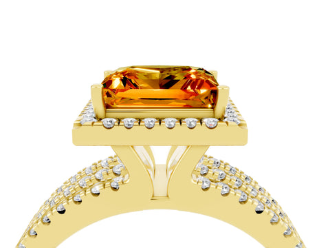 Yellow gold {shape_name} Citrine Halo Engagement Ring with Split Shank and Four-Prong Setting_4