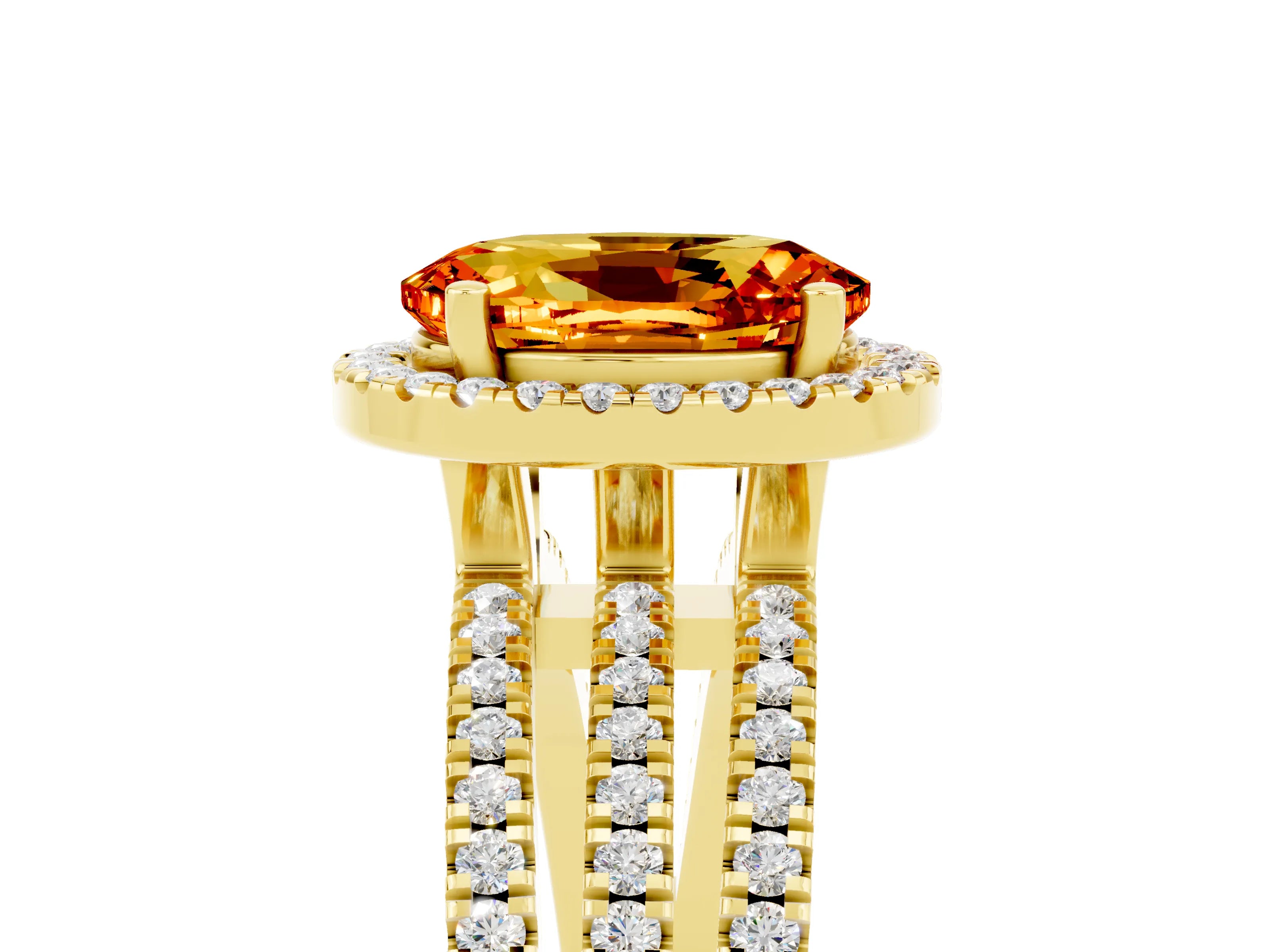 Yellow gold {shape_name} Citrine Halo Engagement Ring with Split Shank and Four-Prong Setting_5