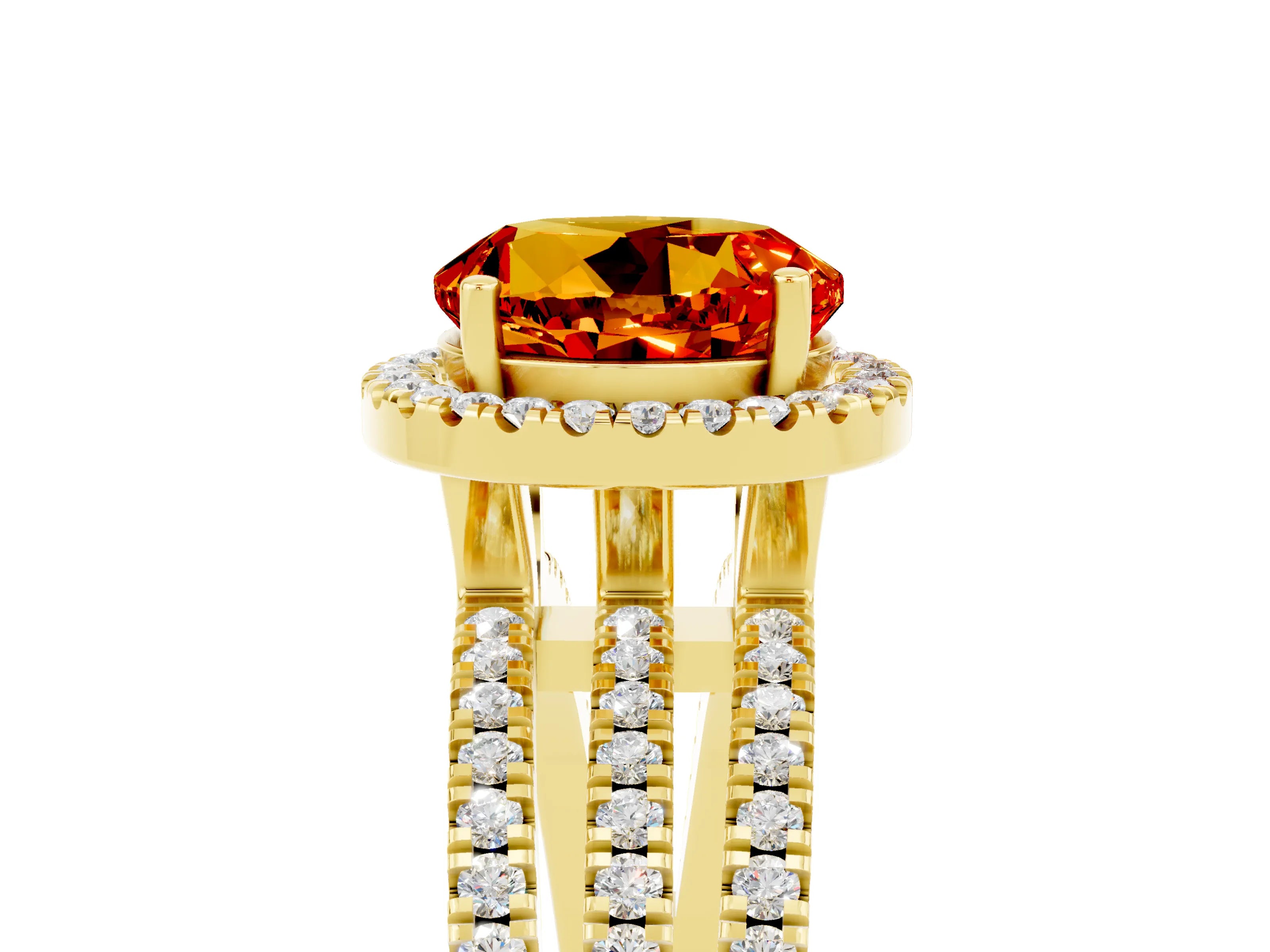 Yellow gold {shape_name} Citrine Halo Engagement Ring with Split Shank and Four-Prong Setting_5