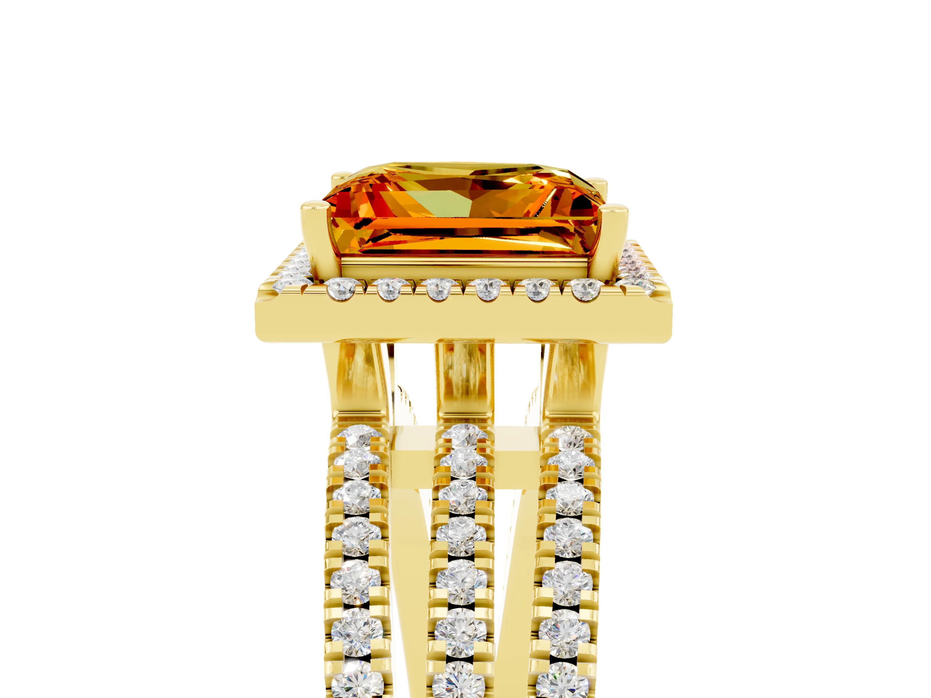 Yellow gold {shape_name} Citrine Halo Engagement Ring with Split Shank and Four-Prong Setting_5