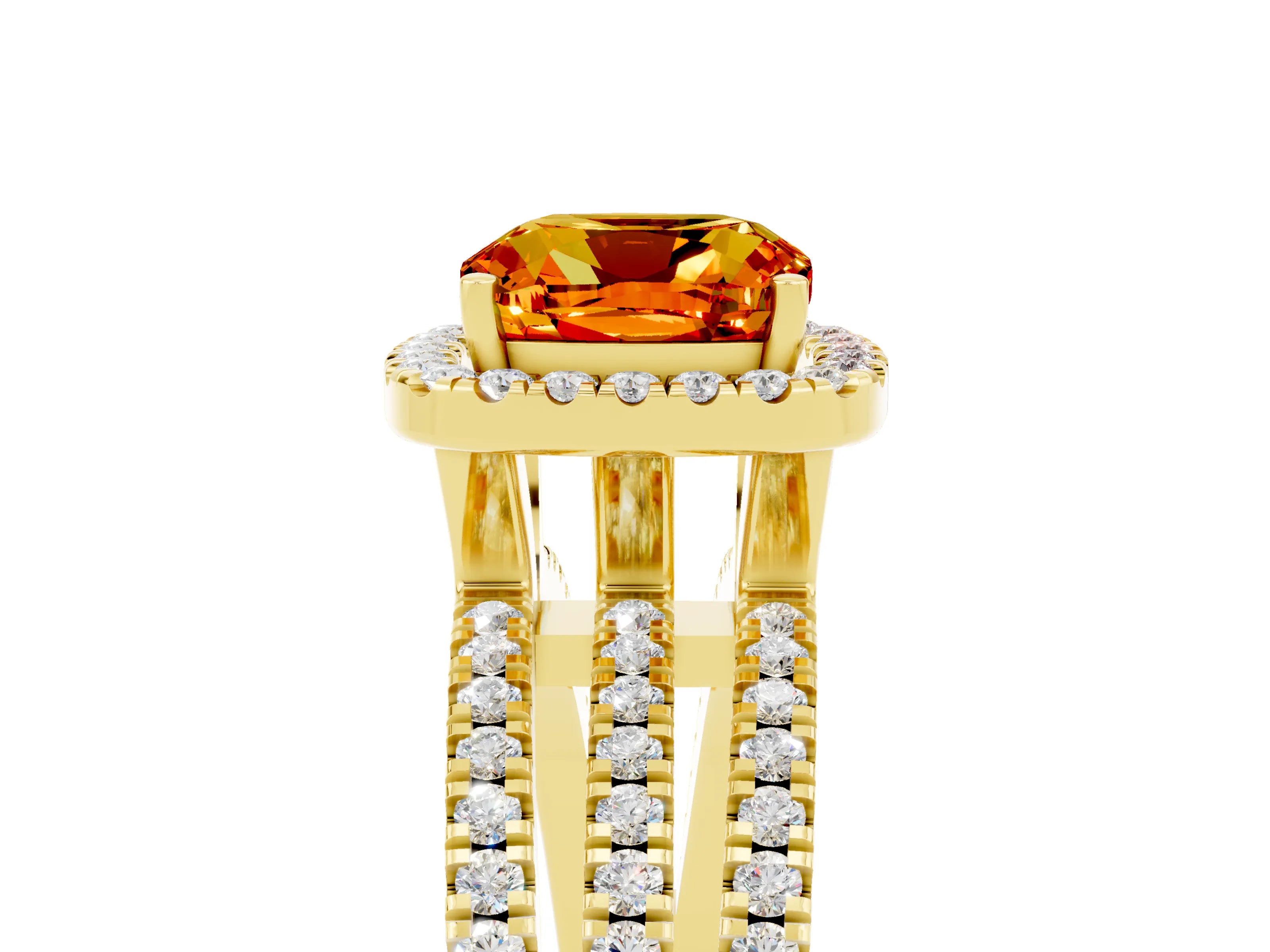 Yellow gold {shape_name} Citrine Halo Engagement Ring with Split Shank and Four-Prong Setting_5
