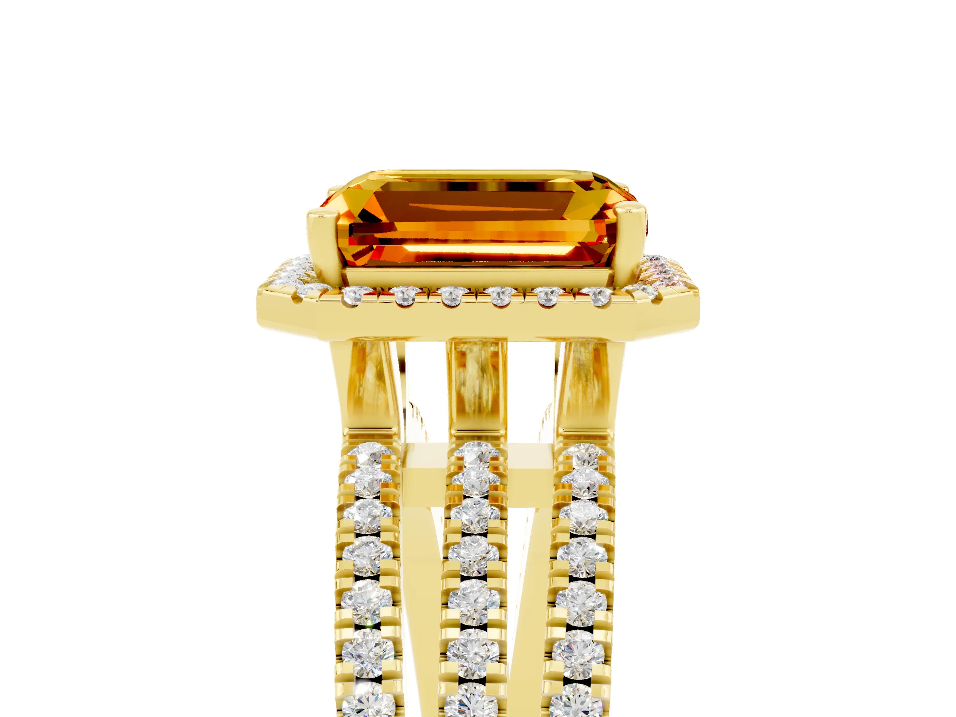 Yellow gold {shape_name} Citrine Halo Engagement Ring with Split Shank and Four-Prong Setting_5