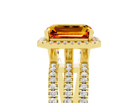 Yellow gold {shape_name} Citrine Halo Engagement Ring with Split Shank and Four-Prong Setting_5