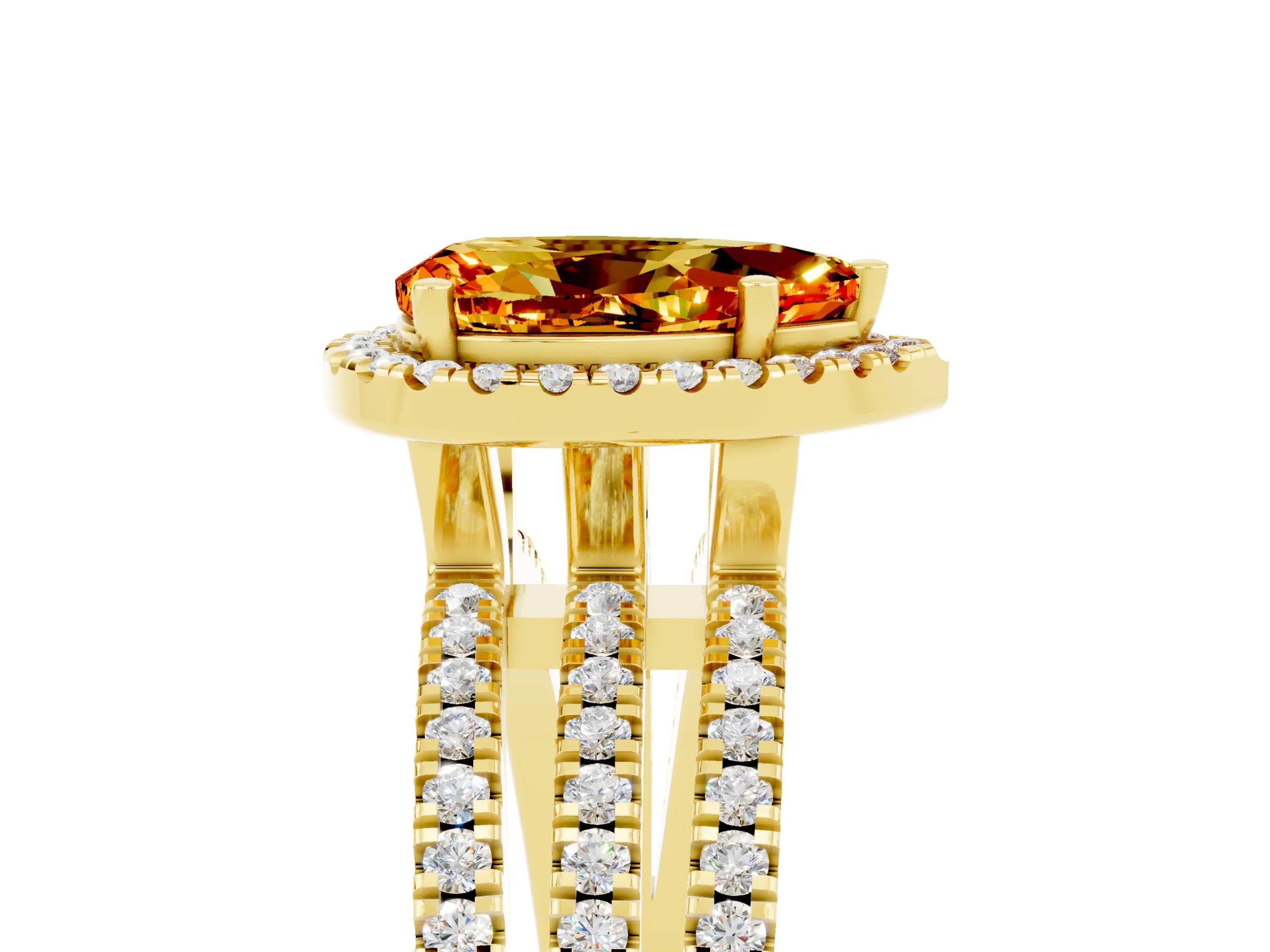 Yellow gold {shape_name} Citrine Halo Engagement Ring with Split Shank and Four-Prong Setting_5