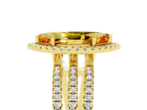 Yellow gold {shape_name} Citrine Halo Engagement Ring with Split Shank and Four-Prong Setting_5